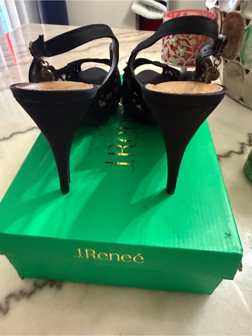 J.Renee Black Lace Peep-Toe Slingback Heels